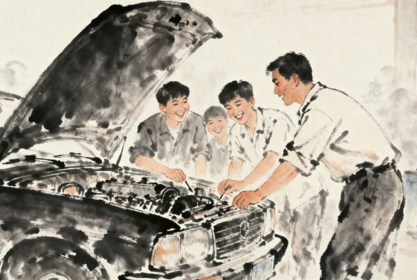 a water color painting picture of a teacher gives car parts classes